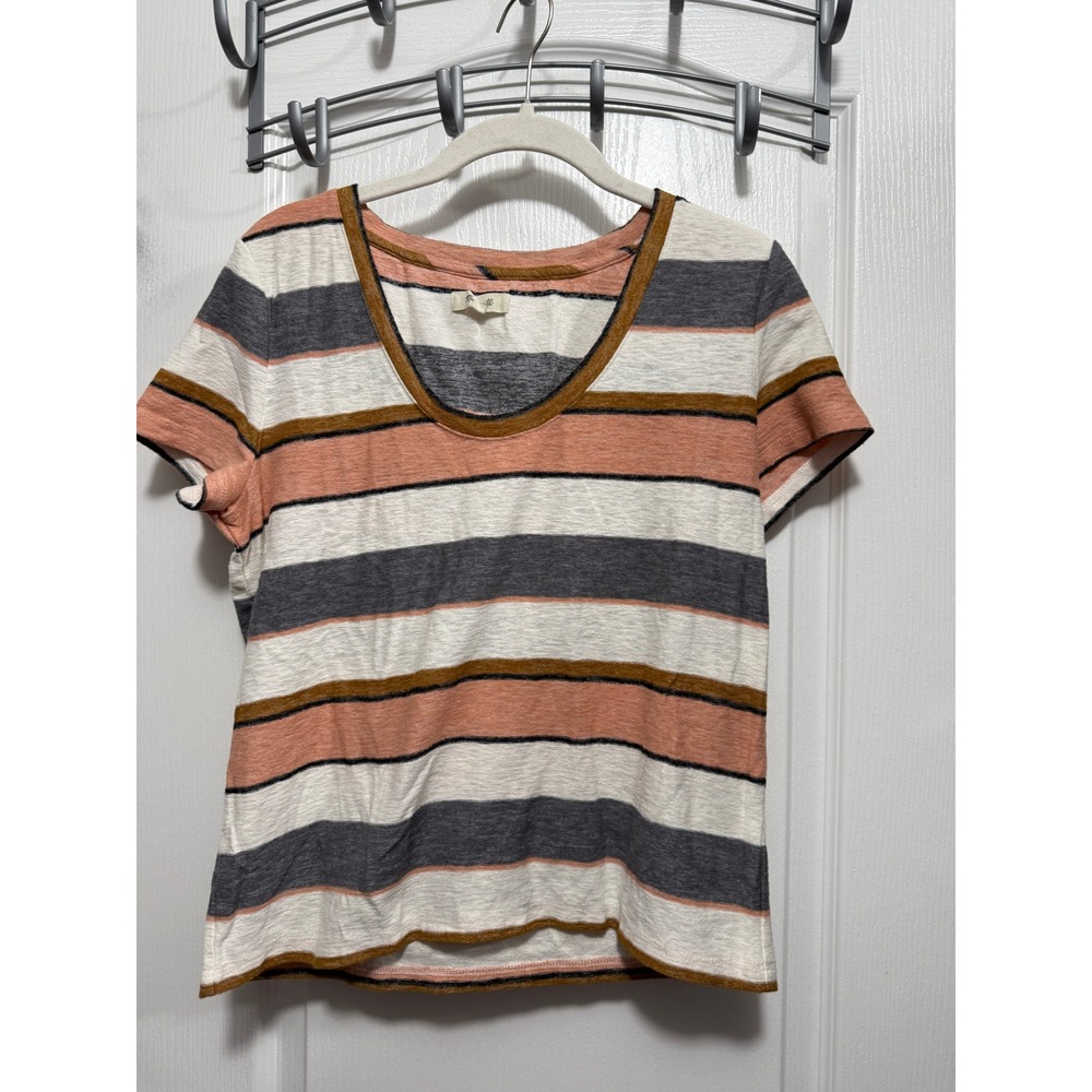 Madewell Striped‎ Scoop Neck Tee Shirt Women Size Small Coral Gray White Brown